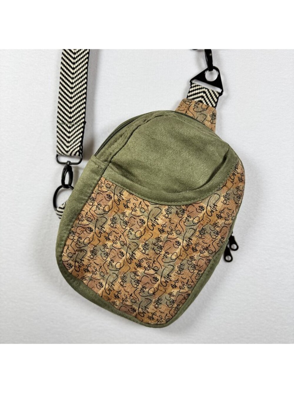 Small Green Crossbody Sling Bag Abstract Art Pattern Front & Adjustable Strap